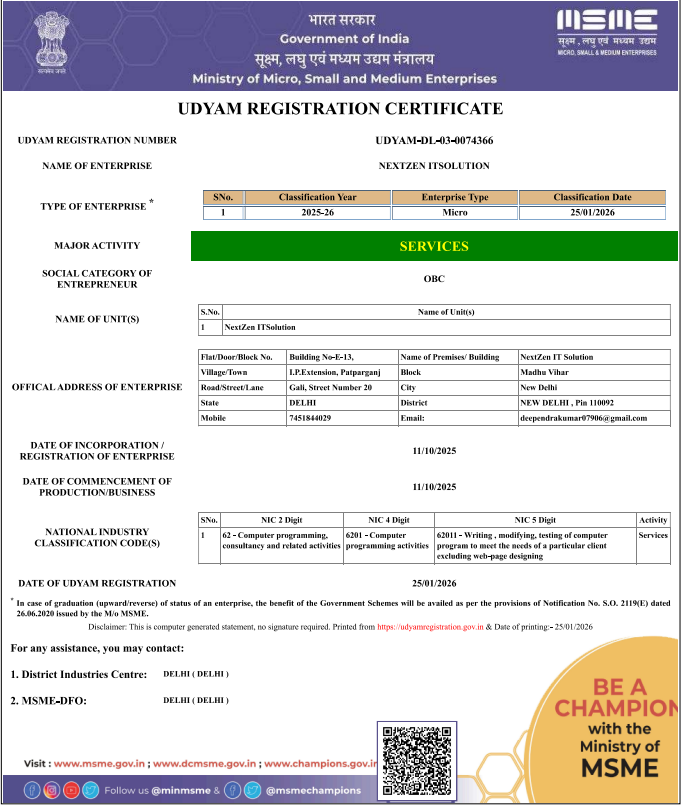 NextZen IT Solution UDYAM MSME Registration Certificate